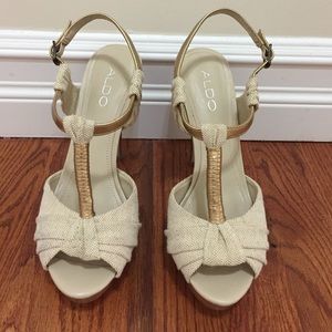 Aldo Gold and Beige T-Strap Pumps