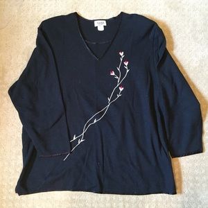 Black sweater with silver and red flowers