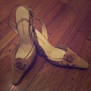 Size 8 Tan Suede Heels with Flower Detail