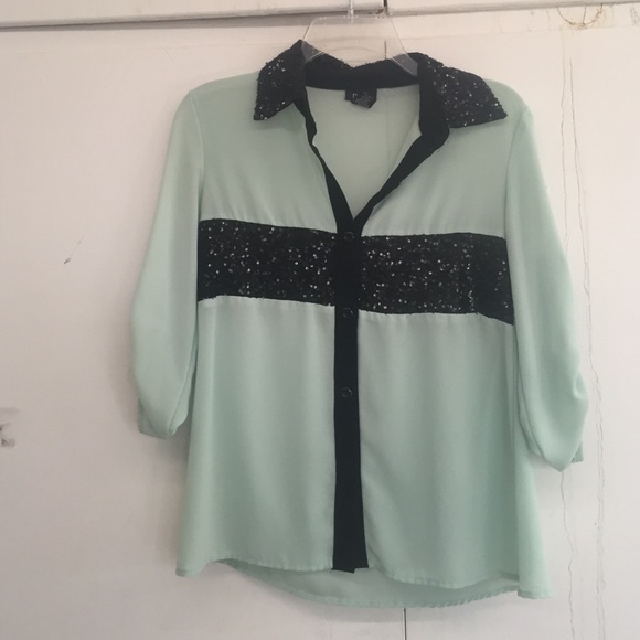 Teal black glitter collared blouse