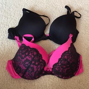 Magenta bra with lace and black bra