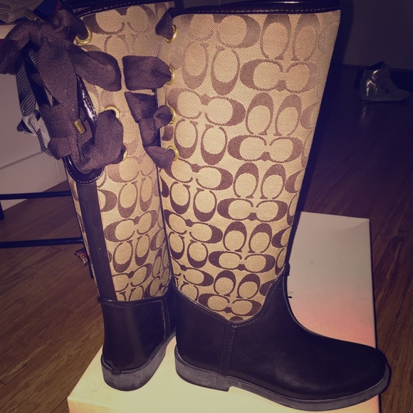 Brown Lace Up Coach Rain Boots
