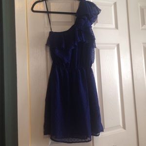 Navy blue, polka dot  one shoulder ruffle dress