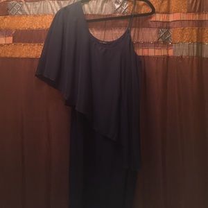 Asymmetrical Navy Dress w/Sheer Overlay