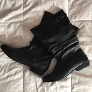 Black calf high flat boots