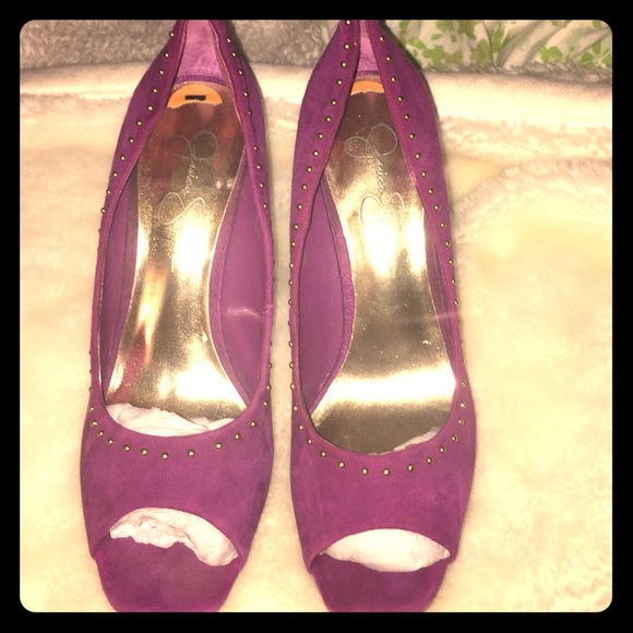 JESSICA SIMPSON OPEN TOE GOLD STUD HEELS