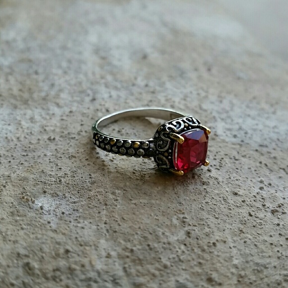 Sterling silver and Ruby cushion set ring US 6