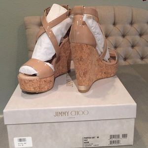 Jimmy Choo Portia 120 patent nude wedges