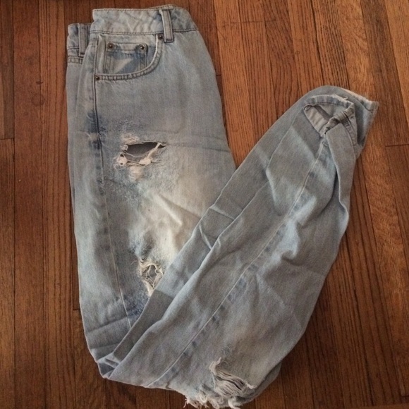 Distressed blue jeans