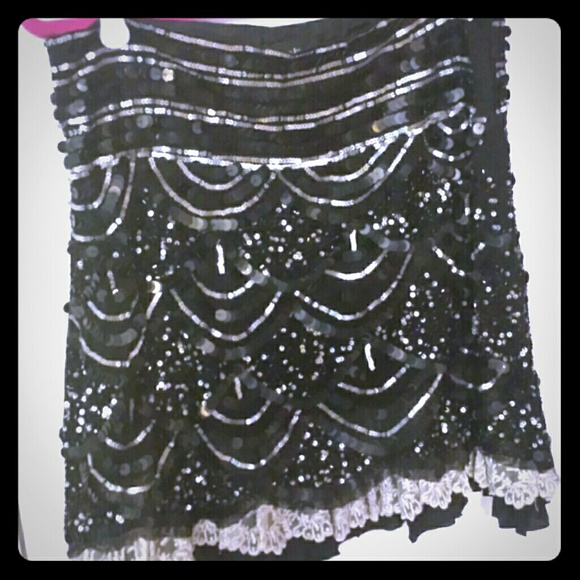 Black Gatsby Skirt Sequins Ivory Lace Holiday
