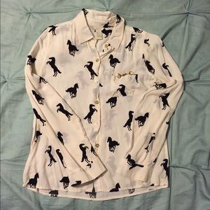 White/Cream Black Horse Long Sleeve Button Up