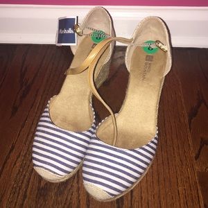 Navy & white espadrille wedges