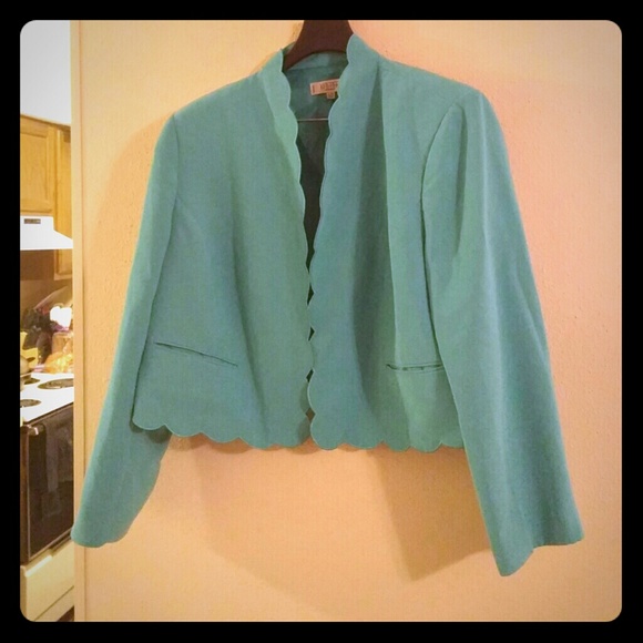 Aqua suit jacket with scalloped trim