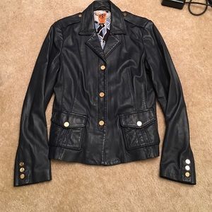 Navy blue leather blazer.