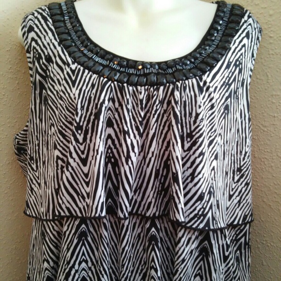 Black and White Blouse with Black Jeweled collar