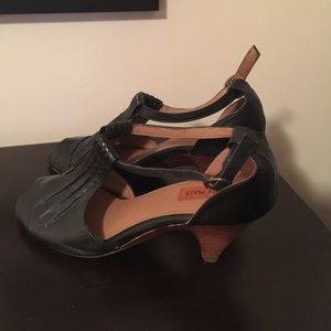 Black leather sling back peep toe heels