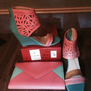 Wedge laser cut bootie evening bag coral teal mint