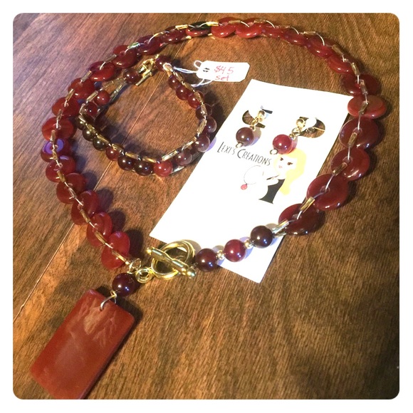 Carnelian gemstone necklace bracelet earrings set