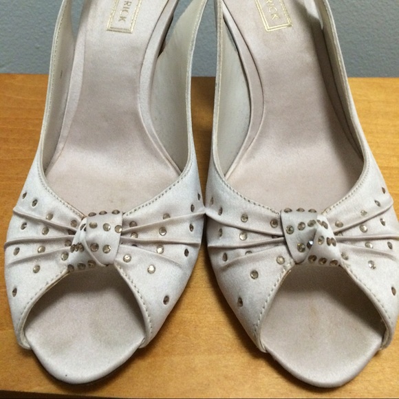 satin nude peep toe sling backs, sequins and bow