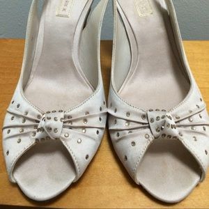 satin nude peep toe sling backs, sequins and bow