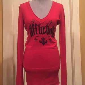 Red Affliction sweater with black glitz.