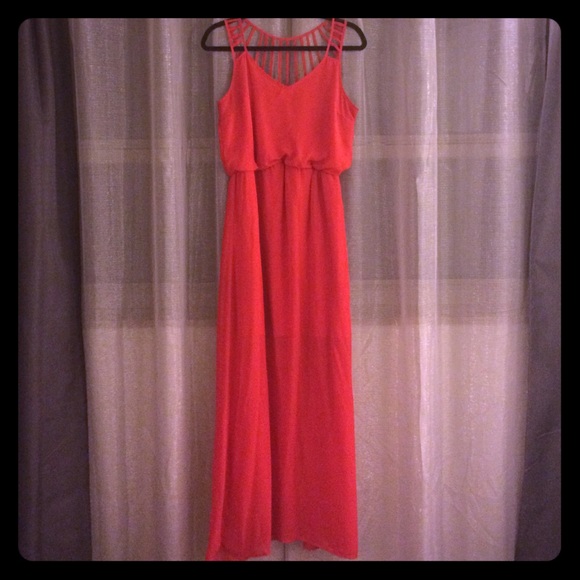 Coral colored floor length dress😘