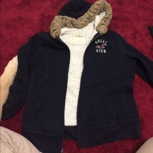 Navy hollister fur zip up hoodie