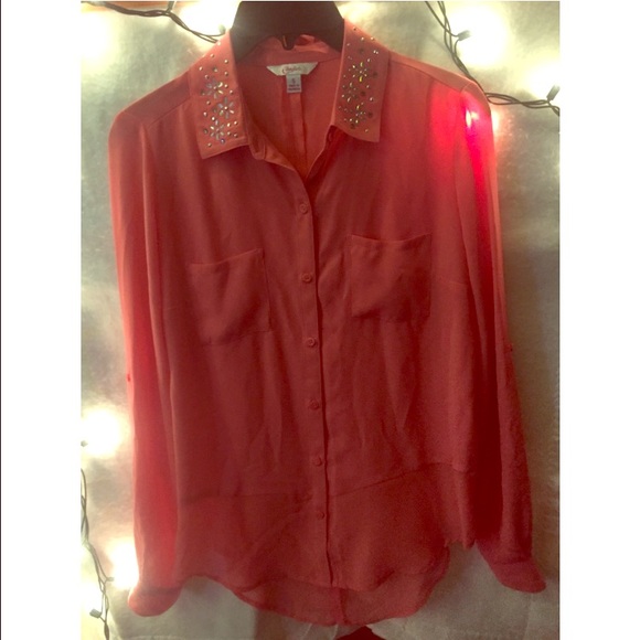 Sheer Top with Embellished Collar | Coral