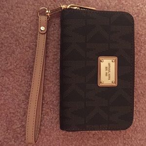 Michael Kors tan and brown wristlet