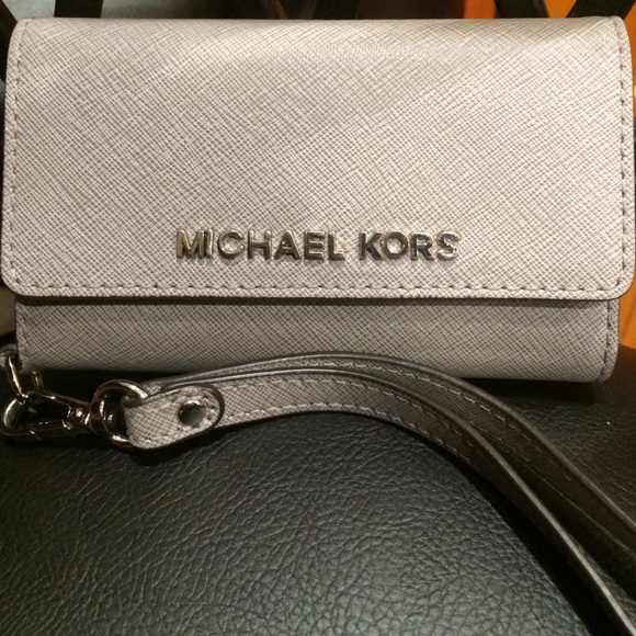 Michael Kors Pearl Grey Leather Phone Wristlet