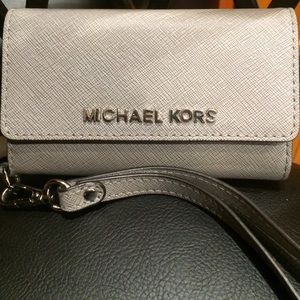 Michael Kors Pearl Grey Leather Phone Wristlet