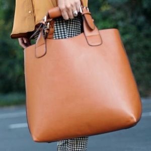 Plaited shopper medium tote bag in camel brown.