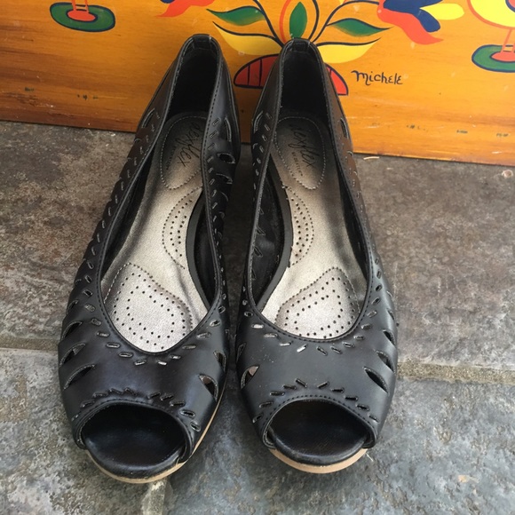 black laser cut leather cork wedges
