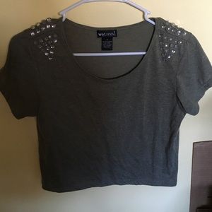 Wet Seal dark green embellished shoulder crop top