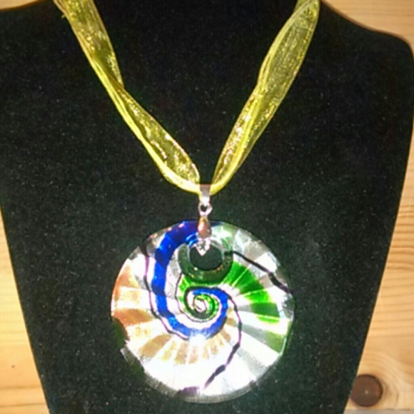 Round Glass Pendant With Ribbon Necklace