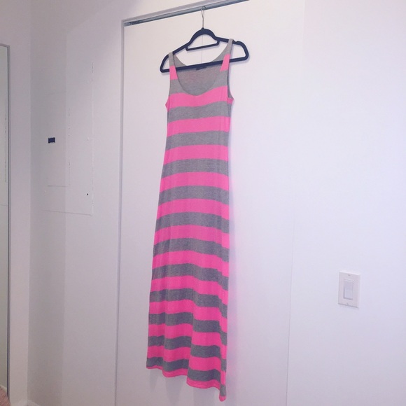 Soprano Neon Pink & Gray Striped Maxi Dress