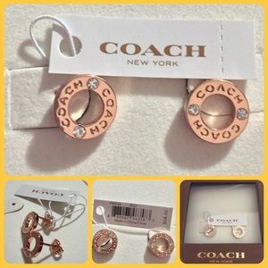 NWT COACH rose gold circle logo stud earrings