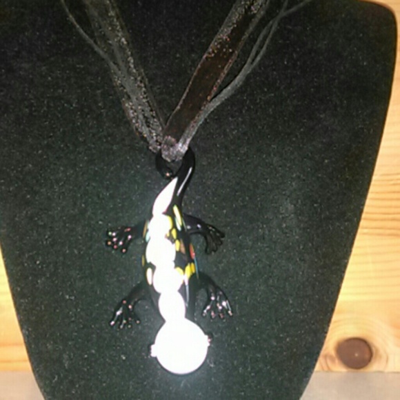 Glass Colorful Lizard Pendant w/ Black Ribbon Neck