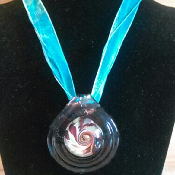 Teardrop Glass Pendant With Turquoise Ribbon Neck