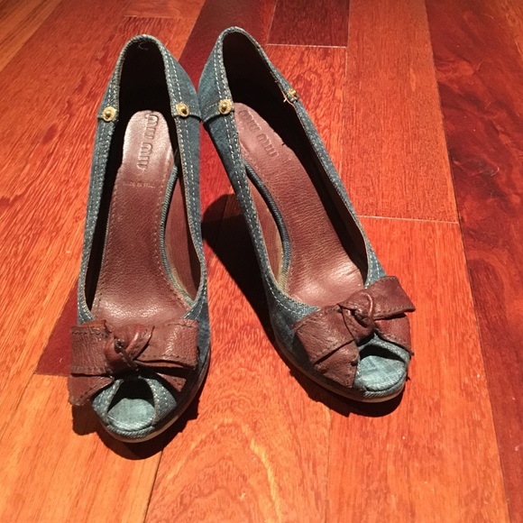 Authentic Miu Miu wedges. Denim with brown bow.