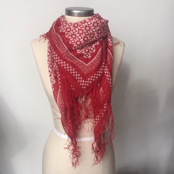 Bohemian Red Square Scarf with Fringe