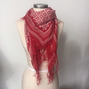 Bohemian Red Square Scarf with Fringe