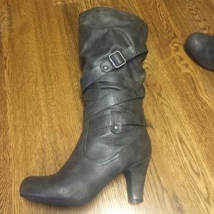 Gray distressed mid calf boots. 9
