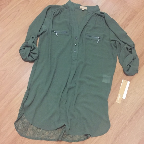 Military Olive Green Rolled Tab Sleeve Top - Picture 4 of 4