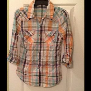 Buckle plaid button-up shirt.