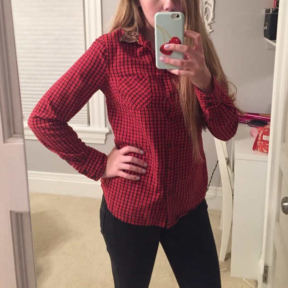 Plaid Button Down with Sequin Collar - Picture 1 of 3