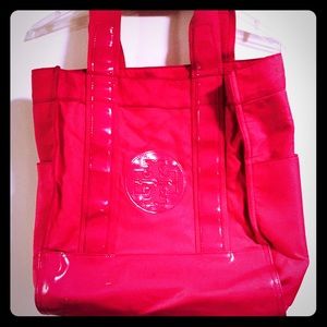 Tory burch pink canvas/patent leather tote bag
