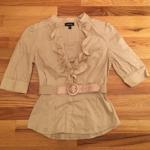 Bebe button down ruffle top with belt