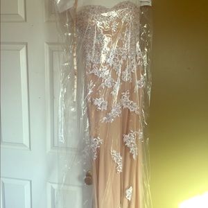 Nude prom dress with white lace