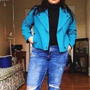 Teal Moto style jacket slant zip up